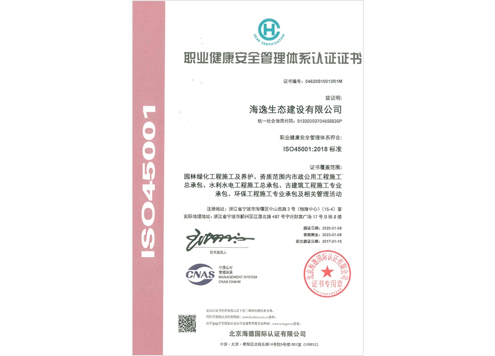 ISO45001职业健康安全管理体系认证证书 